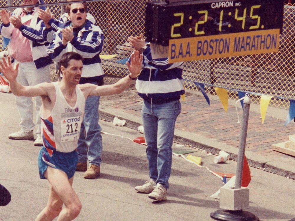 Hendrikus "Harry" Welten crosses the finish line for the Boston Marathon in a personal-best time in 1994. 