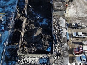 Aerial view of the scene of the explosion and fire at Eastway Tank, Pump and Meter Ltd. on Merivale Road.