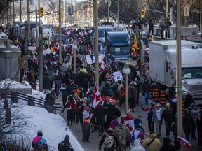 Thousands gathered in the downtown core for a protest in connection with the 'Freedom Convoy' that made its way from various locations across Canada and landed in Ottawa on Saturday, Jan. 29, 2022.
