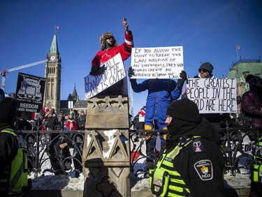 OTTAWA -- Protesters gathered around Parliament Hill and the downtown core for the Freedom Convoy protest that made their way from various locations across Canada, Sunday January 30, 2022. The convoy made their way to Ottawa yesterday, bringing thousands to the downtown core protesting vaccine mandates, restrictions, and lockdowns. ASHLEY FRASER, POSTMEDIA