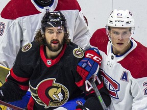 Ottawas Mark Kastelic (left) takes part in a pre-season game against the Montreal Canadiens on Sept. 18, 2021. Kastelic made his NHL debut on Jan. 29, 2022.