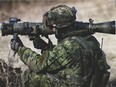 A Canadian Forces soldier uses the Carl Gustav anti-tank weapon during training at the 3rd Canadian Division Support Base Garrison in Wainwright, Alberta, in May 2021.