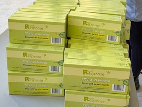A file photo of rapid antigen test kits at the Place d'Orléans Shopping Centre in January.