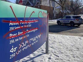 The Ottawa police are investigating the defacing of a sign at Annie Pootoogook Park on Monday, Jan. 10, 2022.