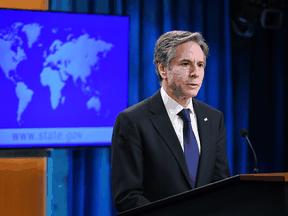 U.S. Secretary of State Antony Blinken speaks during the release of the 2020 Country Reports on Human Rights Practices at the State Department in Washington, DC, March 30, 2021. Blinken told reporters on Wednesday that a written response to Russia from the U.S. "sets out a serious diplomatic path forward, should Russia choose it."