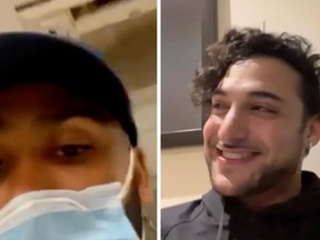 A screen grab of James William Awad and fellow passenger Tony Lee on Instagram Live on Sunday, attempting to clear their names