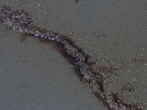 Oil wash ashore at a beach in the Peruvian province of Callao on January 17, 2022, after a spill which occurred during the unloading process of the Italian-flagged tanker "Mare Doricum" at La Pampilla refinery caused by the abnormal waves recorded after the volcanic eruption in Tonga.