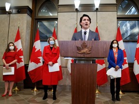 Prime Minister Justin Trudeau speaks during a news conference about Canada's military support for Ukraine on Wednesday.