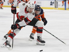 Ottawa Senators defencemen Artem Zub (2) looks to make a pass in front of Edmonton Oilers forward Brendan Perlini (42) during the first period at Rogers Place.