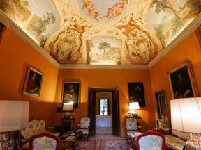 A general view shows a room, with frescoes on the ceiling by Italian artists including Guercino and Domenichino, inside Villa Aurora, a building that boasts Caravaggio's only ceiling mural,