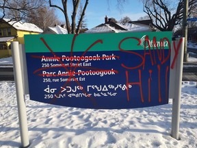The sign marking the Sandy Hill park that was recently renamed to honour the late Inuk artist Annie Pootoogook - was defaced and the former name spray-painted over top. Police are investigating the incident.
