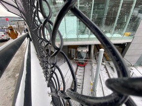 |An LRT car is stationary at Tremblay Station on Saturday. Cold weather was blamed for a stoppage in service on the eastern portion of the line.