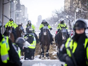 Toronto Police Mounted Unit officers were back on Wellington Street on Saturday, moving protesters out of the occupied areas.