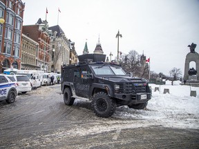 Police from all across Canada were still in the area, along with city workers getting the area around Parliament Hill back to normal, Sunday, Feb. 20, 2022.