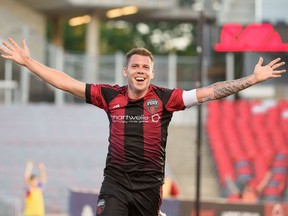 File photo/ Carl Haworth of Ottawa Fury FC celebrates during a game against the Charleston Battery at TD Place stadium on Wednesday, June 26, 2019.