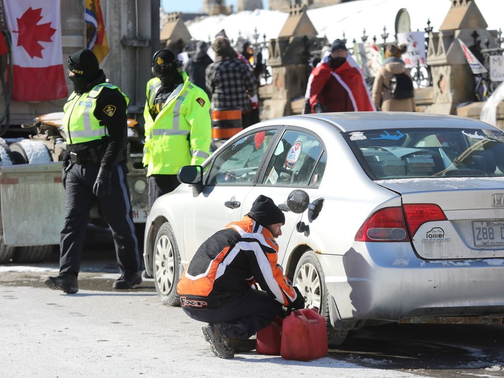 Refueling at the 'Freedom Convoy' on Wellington Street in Ottawa, Feb. 14, 2022.