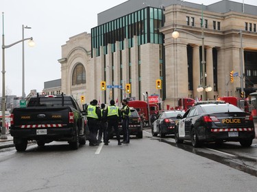OPP (police) on site of the Freedom Convoy on Wellington street in Ottawa, Feb. 17, 2022.