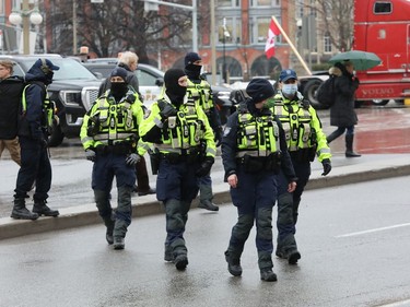 OPP (police) on site of the Freedom Convoy on Wellington street in Ottawa, Feb. 17, 2022.