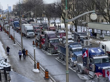 Anti-vaccine mandate protests continue in downtown Ottawa. View if Wellington Street looking west. Tuesday, Feb. 1, 2022.