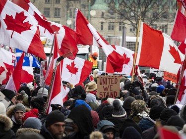 Anti-vaccine mandate protests continue in downtown Ottawa on Saturday, Feb. 12, 2022.