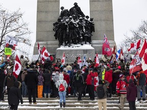 Anti-vaccine mandate protests continue in downtown Ottawa. Veterans and supporters removed the fencing that had surrounded the National War Memorial. Saturday, Feb. 12, 2022.