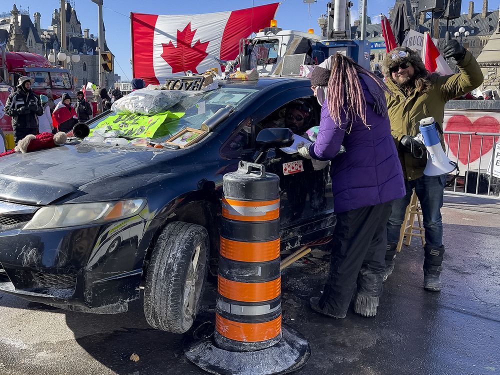 Anti-vaccine mandate protests continuing in downtown Ottawa on Monday, Feb. 14, 2022.
