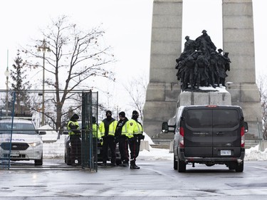 OTTAWA -- A police checkpoint near the National War Memorial following the dispersal of anti mandate protesters that occupied the nation's capital for over three weeks. Monday, Feb. 21, 2022