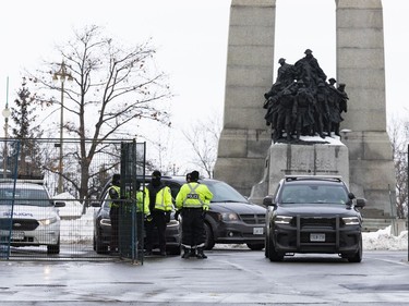 OTTAWA -- A police checkpoint near the National War Memorial following the dispersal of anti mandate protesters that occupied the nation's capital for over three weeks. Monday, Feb. 21, 2022