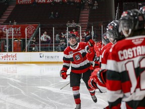Ottawa 67’s forward Tyler Boucher celebrates his second OHL goal and first at home. It was the eventual game winning goal in the 4-1 win over Kingston.