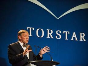 Chair of the Board of Torstar John Honderich speaks to shareholders at their annual general meeting in Toronto on Wednesday, May 7, 2014.