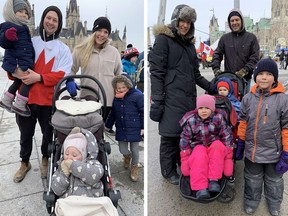 (L) Matt and Jenna Moes brought their four young children from Vineland, Ont. to participate in the convoy protests on Parliament Hill. 
(R) Lisa and Bart Postma say they are not worried about bringing their three young children aged two, four and six to the protests.