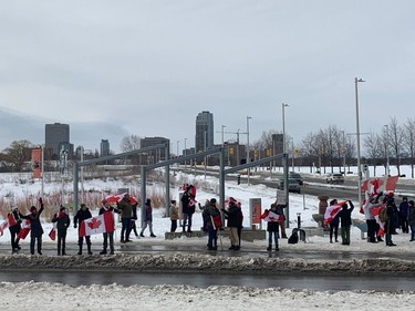 Protestors at Booth Street and the Sir John A Macdonald Parkway on February 21, 2022.