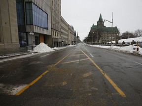 The former site of the inflatable hot tub on Wellington Street in front of Parliament Hill after protesters were cleared out over the weekend of Feb. 22. The street is currently not open to vehicles.
