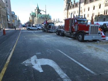 A few less trucks on Wellington Street in Ottawa, Monday.
