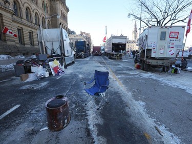 Truckers occupation and protesting continues its 18th day in downtown Ottawa Monday afternoon. A few less trucks on Wellington Street in Ottawa, Monday.