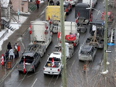 OTTAWA - Feb 2, 2022 - Anti vaccine mandate protesters and truckers protesting their sixth day in downtown Ottawa Wednesday. Truckers lined up on Kent Street in Ottawa Wednesday.
