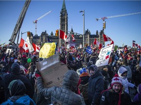 OTTAWA -- Thousands gathered in the downtown core for a protest in connection with the Freedom Convoy that made their way from various locations across Canada and landed in Ottawa, Saturday, Feb. 5, 2022.