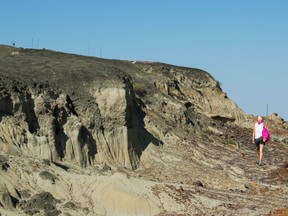 A handout photo shows Melanie During, a doctoral student in paleontology at the Uppsala University in Sweden, walking next to an embankment in southwestern North Dakota, U.S., August 2017, where fthere are fossils of fish including paddlefishes and sturgeon killed in the aftermath of the Yucatan asteroid impact 66 million years ago.