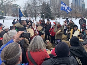 Indigenous  and non-Indigenous protesters gather in Confederation Park on Wednesday  afternoon following a pipe ceremony, drawing the ire of the Algonquin  Nation.
