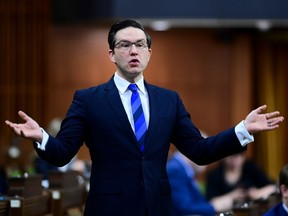 Conservative member of Parliament Pierre Poilievre rises during question period in the House of Commons on Parliament Hill in Ottawa on Friday, April 30, 2021.