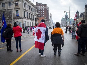 A small group of anti-COVID-mandate protesters showed up on Wellington Street this past weekend. The street is still closed to traffic but pedestrian demonstrations have been allowed.
