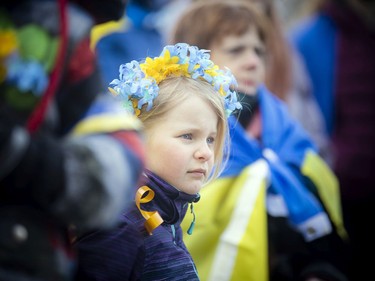 Ukrainian supporters gathered at Ottawa City Hall, Sunday, March 13, 2022, for a rally against the war in the Ukraine. Nine-year-old Lillybeth Sopiro was with her family at the rally Sunday.