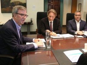 In a file photo from August, 2018, Ottawa Mayor Jim Watson, left, and Eugene Melnyk, centre attend a meeting to discuss redeveloping LeBreton Flats.