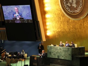 Sergiy Kyslytsya, Permanent Representative of Ukraine to the United Nations, speaks during a special session of the General Assembly at the United Nations headquarters in New York on March 2. The first emergency session of the UN General Assembly in 40 years has overwhelmingly condemned Russia's invasion.