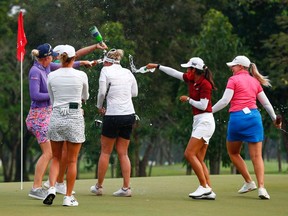 Nanna Koerstz Madsen of Denmark celebrates on the 18th green after winning the final round of Honda LPGA Thailand at Siam Country Club Pattaya Old Course on March 13, 2022 in Pattaya, Thailand.