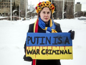 Adriana Taylor at a Ukraine rally at city hall on March 13, 2022.