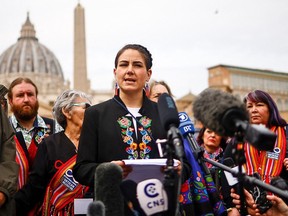 Metis National Council president Cassidy Caron speaks to the media after a meeting of indigenous delegates from Canada's First Nations with Pope Francis near St. Peter's Square at the Vatican, March 28, 2022.
