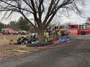 Firefighters worked for almost 40 minutes to free a driver trapped in a vehicle following a single-vehicle crash on Roger Stevens Drive near Rideau Valley Drive in Manotick on Saturday morning.