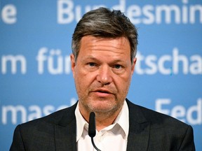 German Economy Minister Robert Habeck speaks during a joint news conference with French Economy Minister Bruno Le Maire (not seen) at The Federal Ministry for Economic Affairs and Climate Action (BMWK) in Berlin, Germany March 31, 2022.
