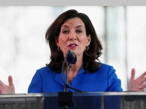 New York Governor Kathy Hochul speaks at a news conference about the newly renovated David Geffen Hall, in the Manhattan borough of New York City, New York, U.S., March 9, 2022. Hochul is considering relaxing the state's levy on gasoline sales.